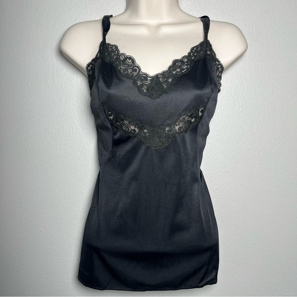 VTG Women Black Lace Trim Cami Top Medium Nylon Cutout Whimsigoth Fairy‎ Grunge - Picture 1 of 8